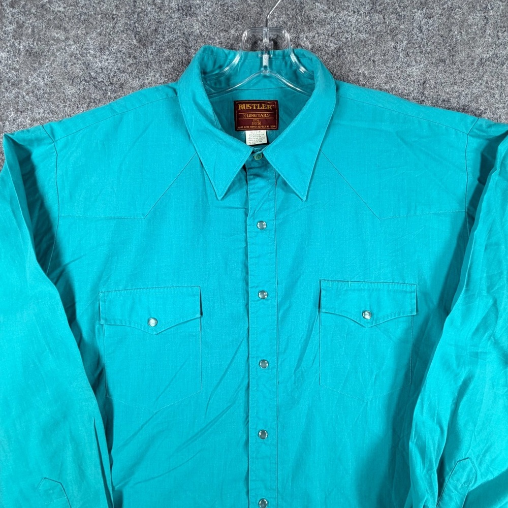 Vintage 90s Rustler Western Shirts Mens XL Tall Teal Pop Preppy Pearl Snap Roper - Picture 6 of 16